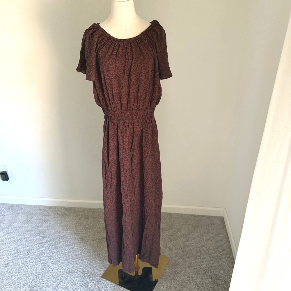Marine Layer Charlotte Maxi Dress Deep Cheetah Brown Leopard Off Shoulder Large - Picture 4 of 13